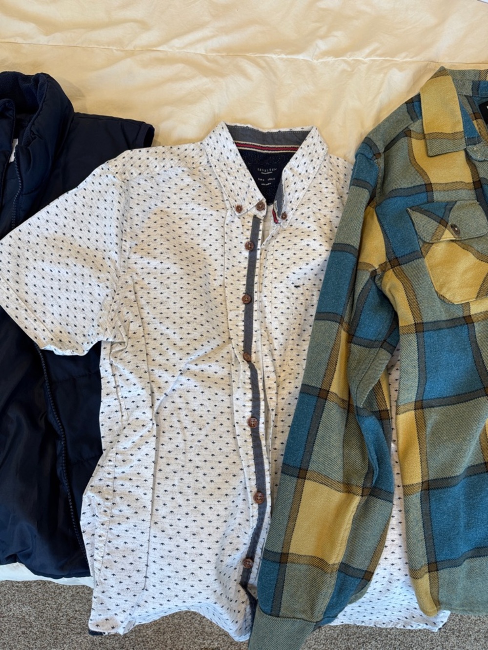 Men's Set: Short Sleeve Button Shirt, Blue Vest, Plaid button down